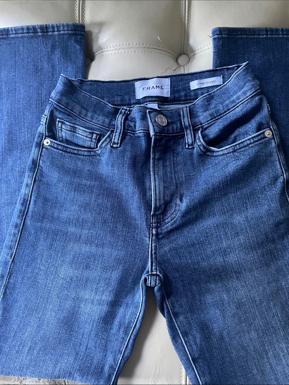 Frame Denim Le High Straight Leg Jeans in Dark Blue Wash Sz 24 Inseam 26”